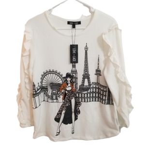 Love + Lace Paris Themed Graphic Sweater with Ruffle Sleeves Women's Size LG